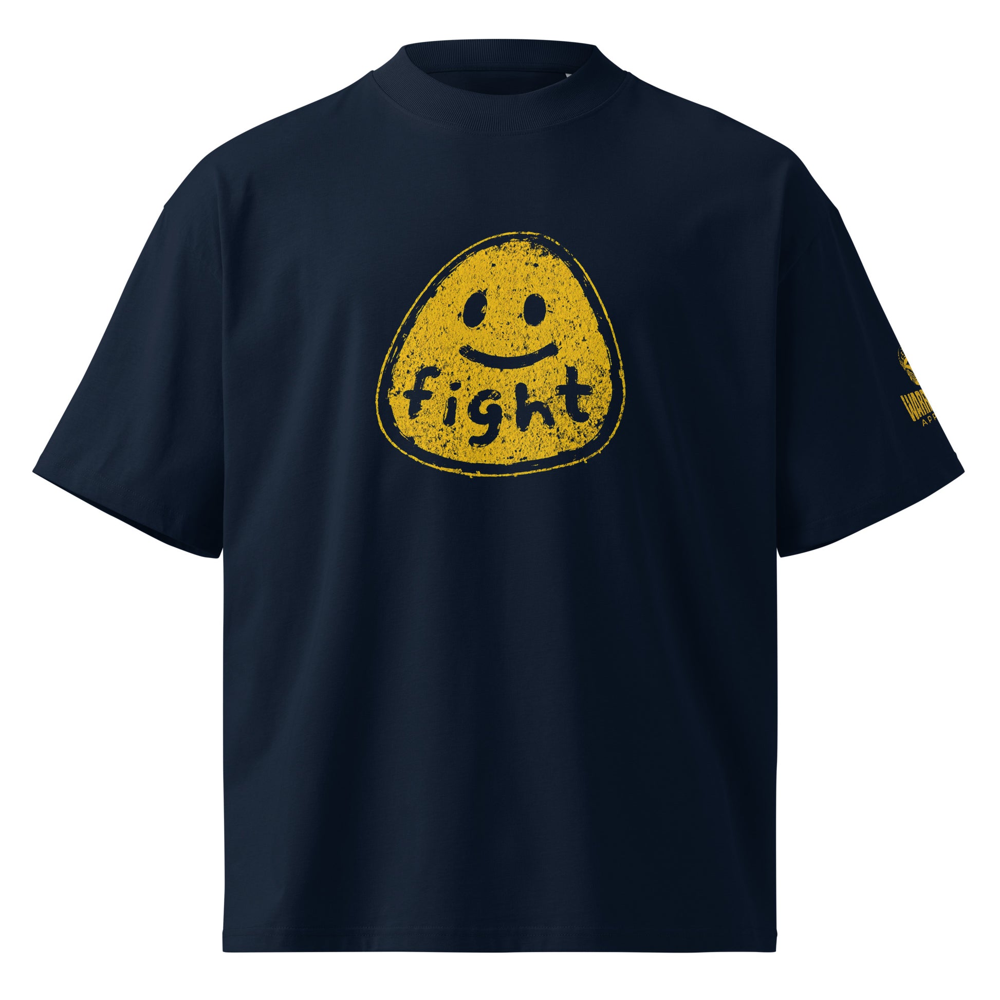 Front view of FIGHT FOR HUMANITY organic oversized tee with distressed yellow smiley graphic