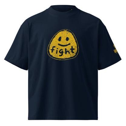 Front view of FIGHT FOR HUMANITY organic oversized tee with distressed yellow smiley graphic