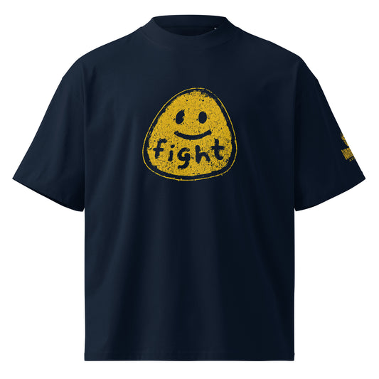 Front view of FIGHT FOR HUMANITY organic oversized tee with distressed yellow smiley graphic