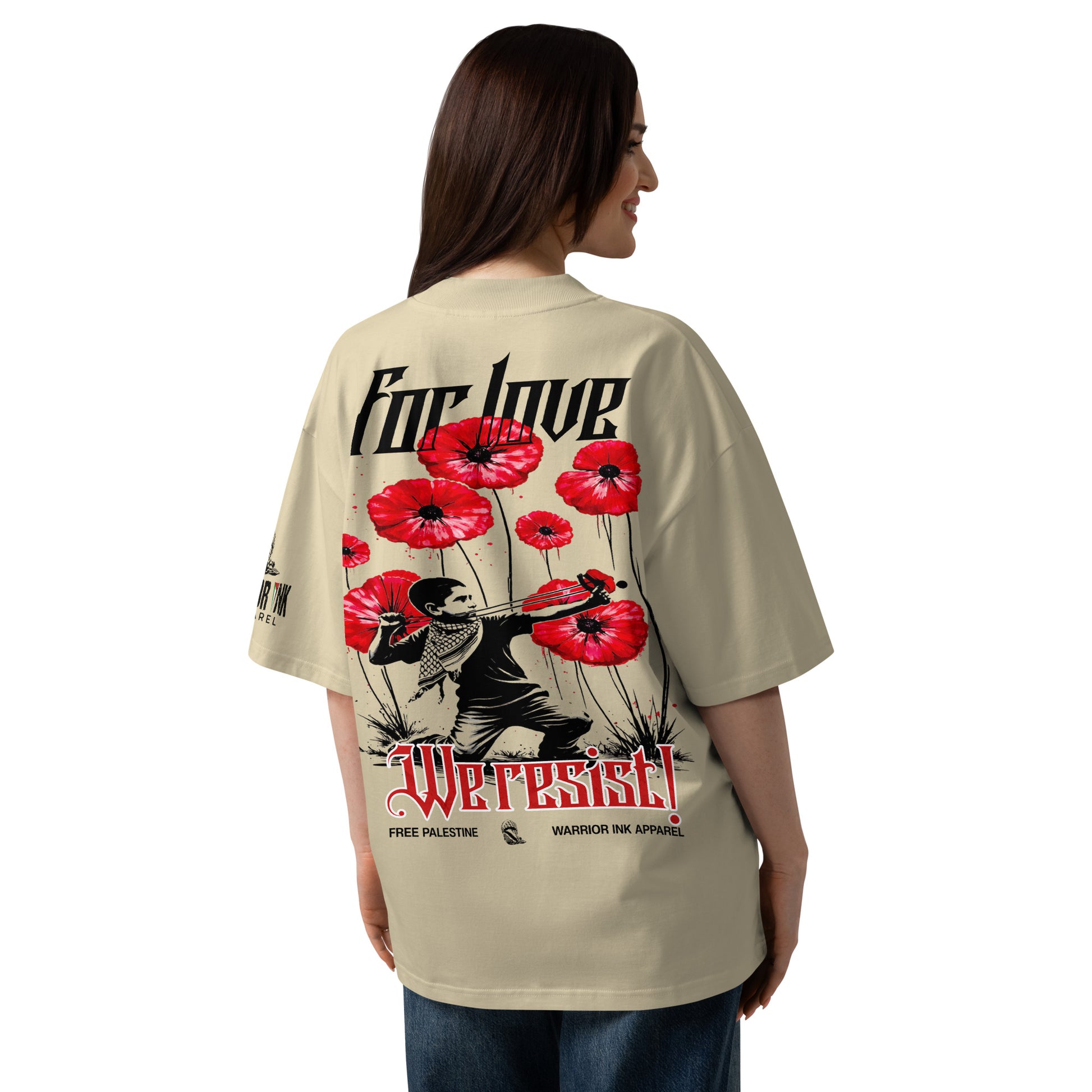 For Love We Resist organic oversized t-shirt with red poppy artwork by Warrior Ink Apparel