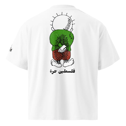 Free Palestine Handala oversized organic t-shirt with keffiyeh back design by Warrior Ink Apparel