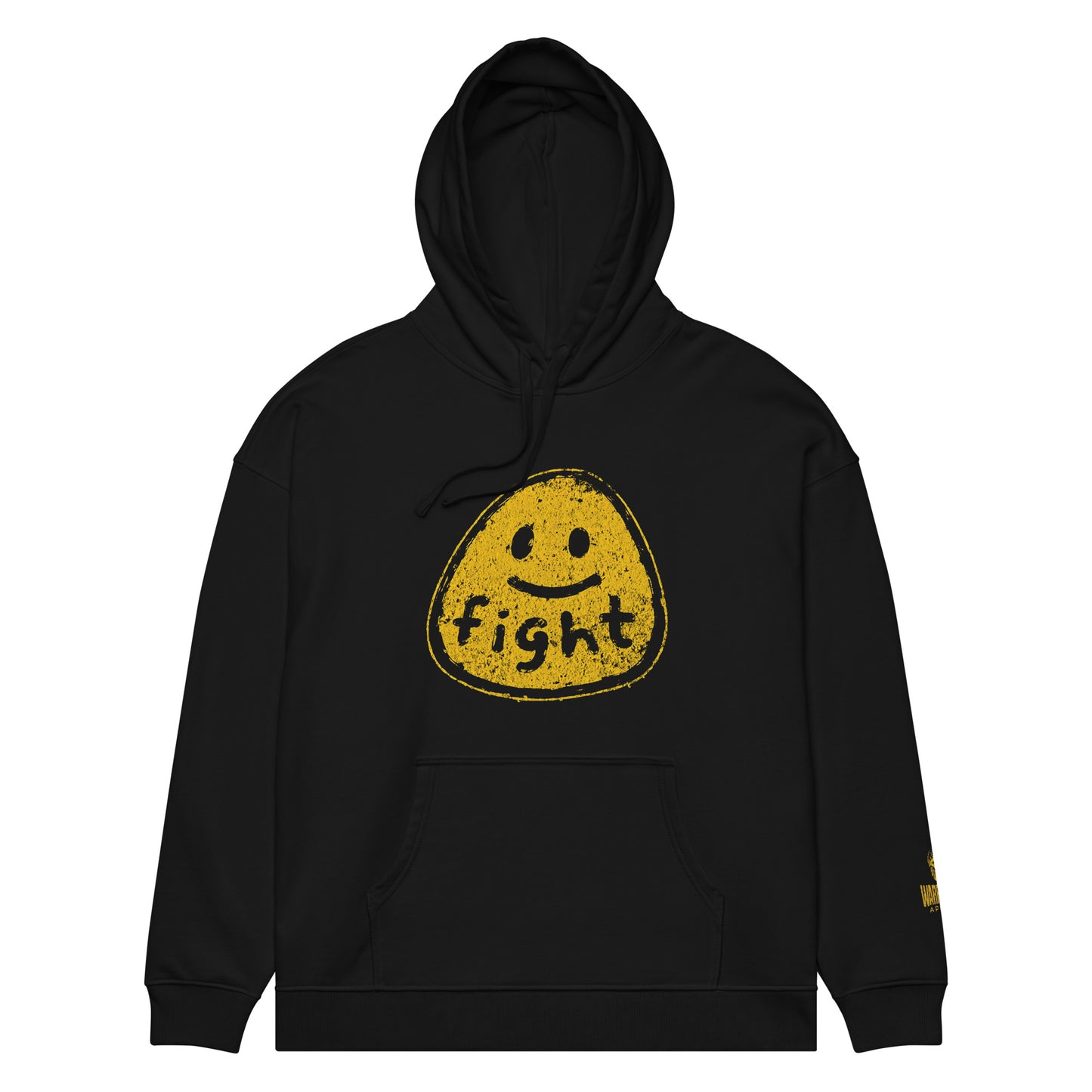 Front view of FIGHT FOR HUMANITY hoodie with distressed yellow smiley graphic