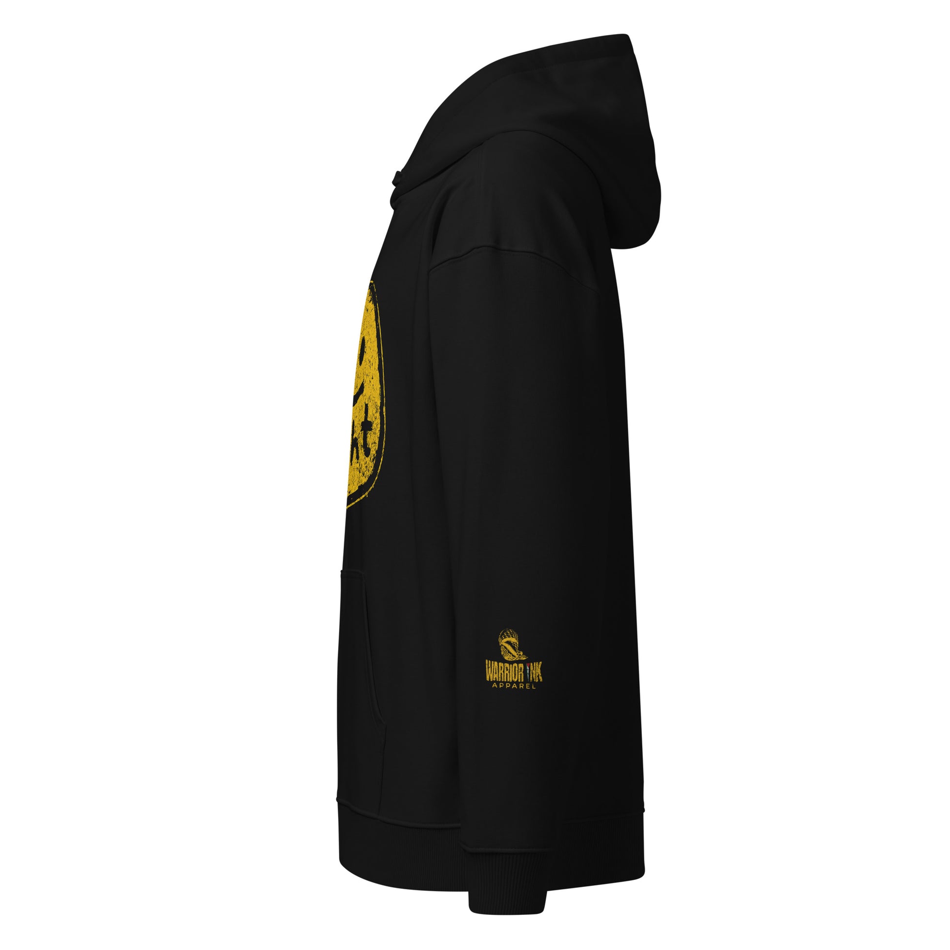 Side view of FIGHT FOR HUMANITY organic hoodie with Warrior Ink Apparel sleeve logo