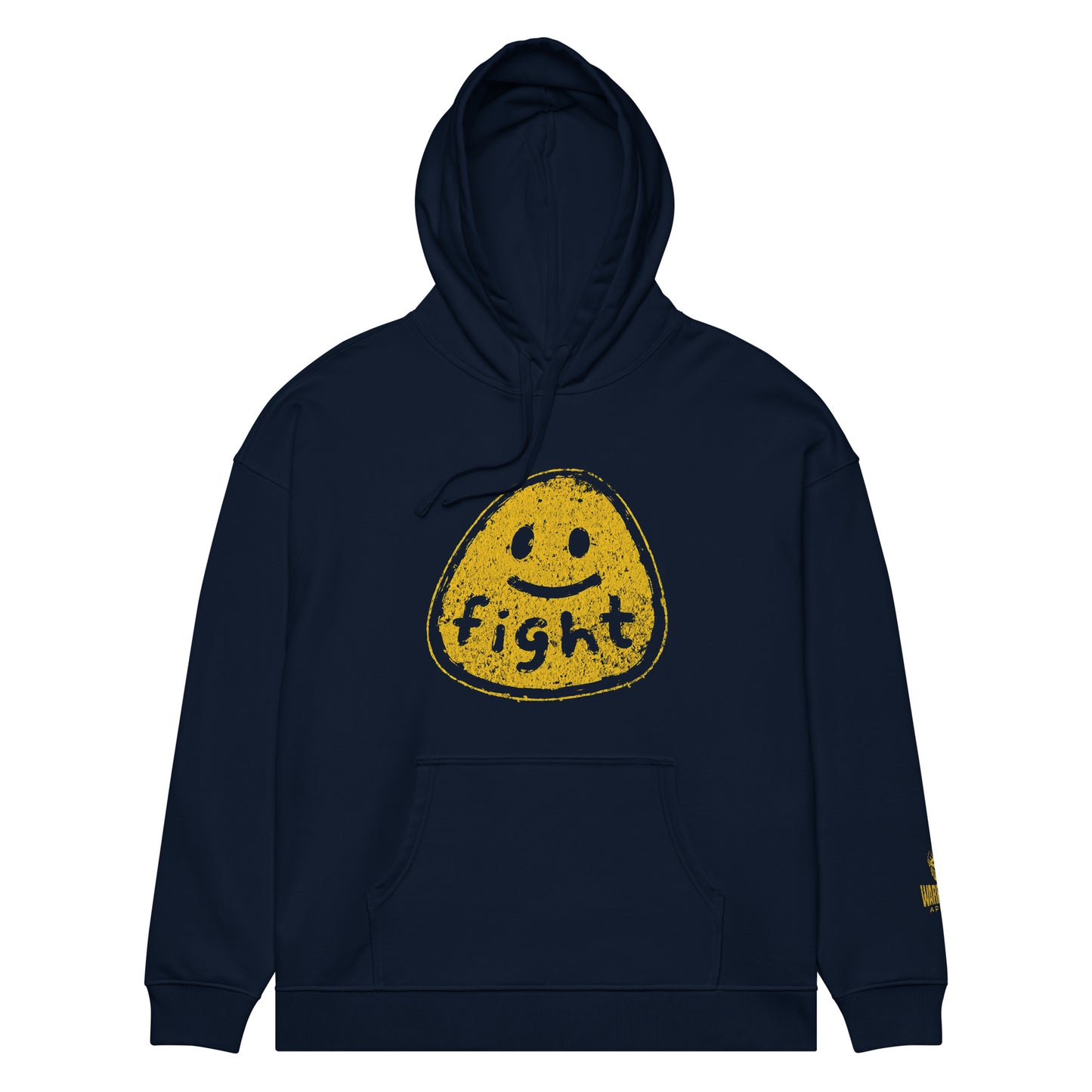 Front view of FIGHT FOR HUMANITY hoodie with distressed yellow smiley graphic