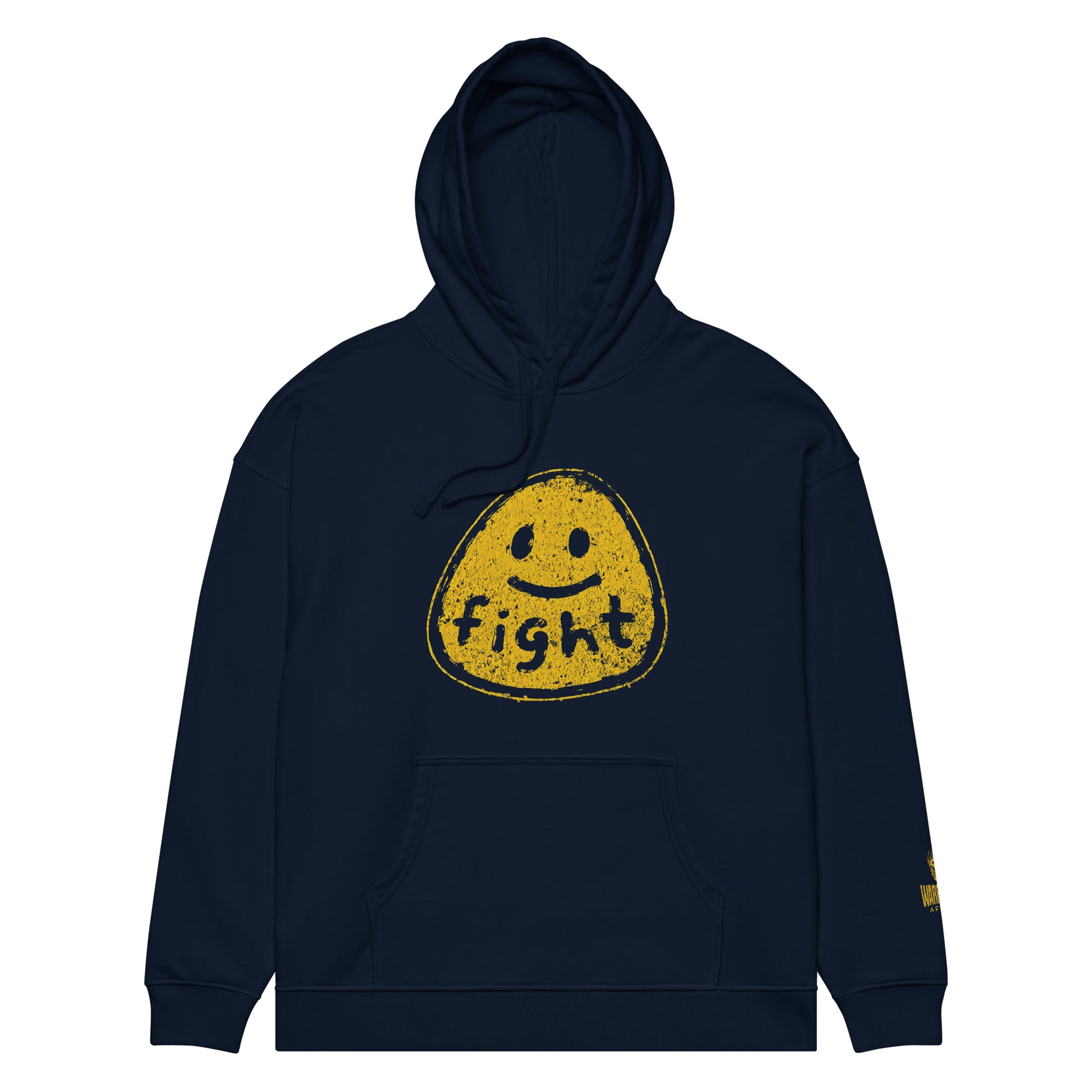 Front view of FIGHT FOR HUMANITY hoodie with distressed yellow smiley graphic