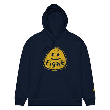 Front view of FIGHT FOR HUMANITY hoodie with distressed yellow smiley graphic