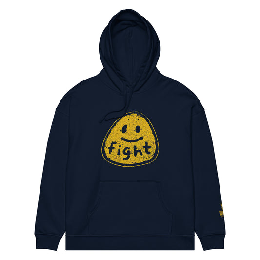 Front view of FIGHT FOR HUMANITY hoodie with distressed yellow smiley graphic