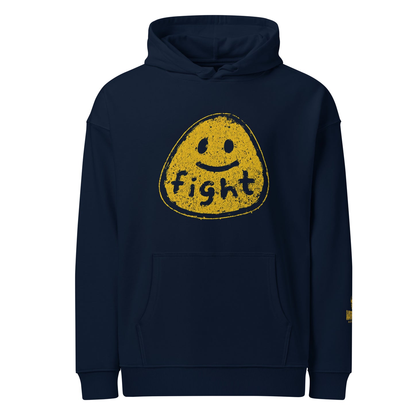Front view of FIGHT FOR HUMANITY hoodie with distressed yellow smiley graphic