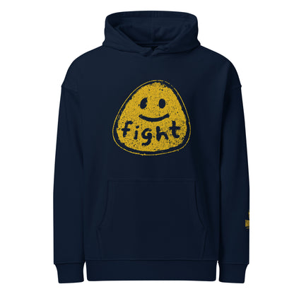 Front view of FIGHT FOR HUMANITY hoodie with distressed yellow smiley graphic
