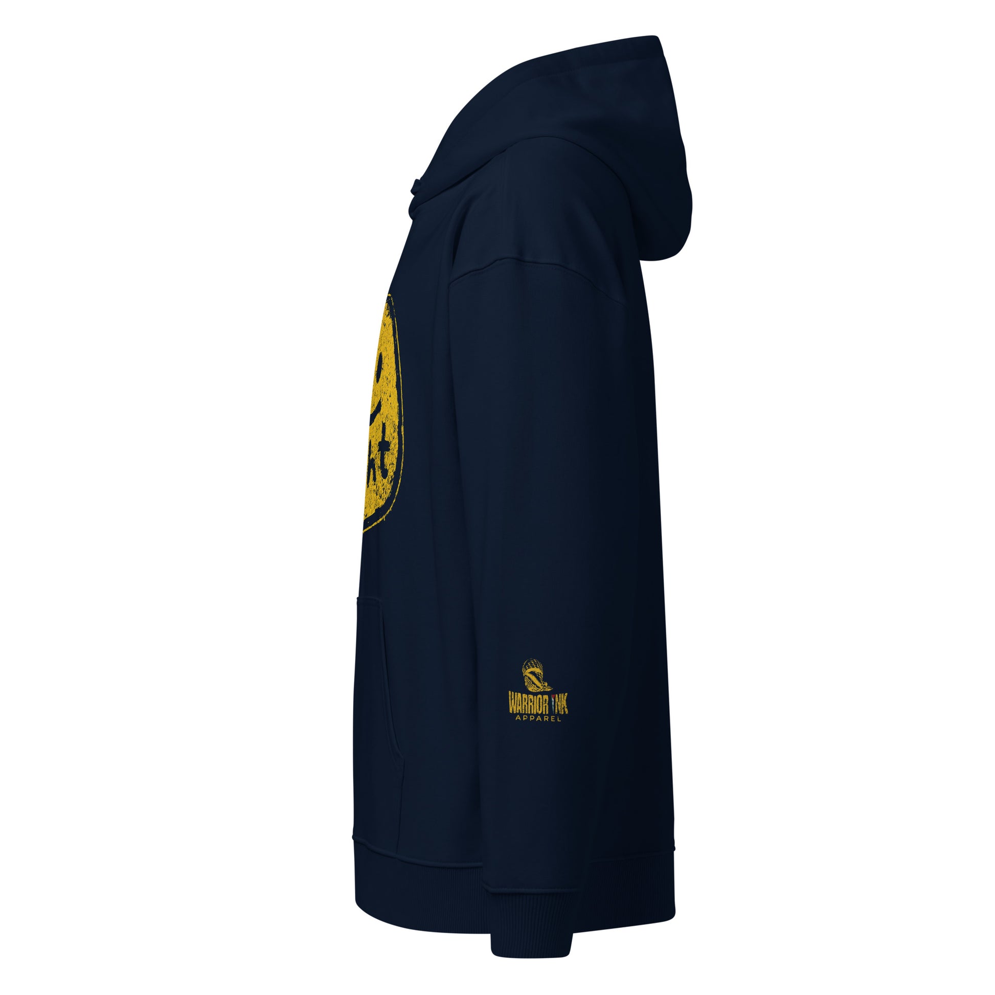 Side view of FIGHT FOR HUMANITY organic hoodie with Warrior Ink Apparel sleeve logo
