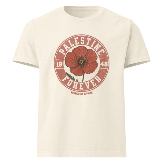 Vintage-style graphic t-shirt featuring a distressed red poppy with bold text “Palestine Forever 1948” in a circular stamp layout.