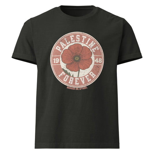 Vintage-style graphic t-shirt featuring a distressed red poppy with bold text “Palestine Forever 1948” in a circular stamp layout.