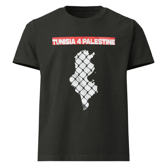 Black oversized t-shirt featuring the outline of Tunisia filled with a white resistance fence pattern and bold red text "TUNISIA 4 PALESTINE" above.