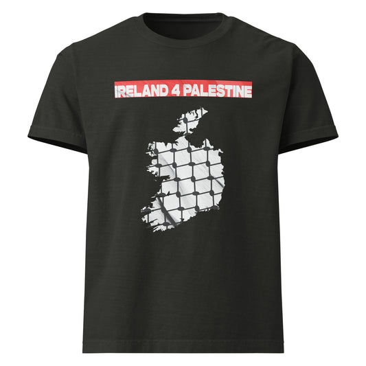 Black oversized t-shirt showing the silhouette of Ireland overlaid with a resistance fence texture and red bold text “IRELAND 4 PALESTINE” at the top.