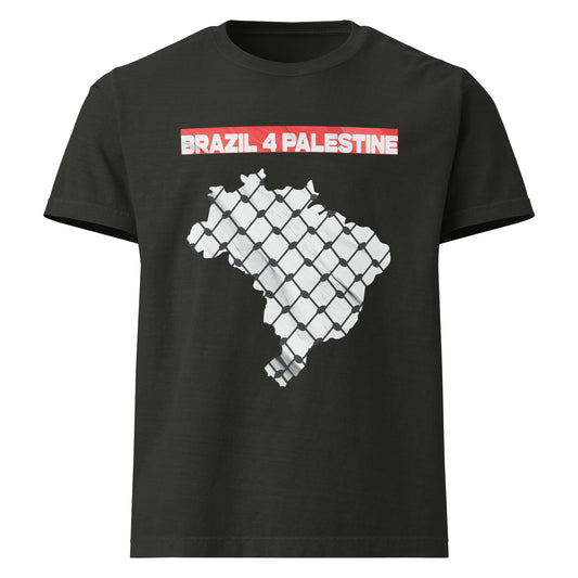 Black heavyweight tee with Brazil’s outline covered in resistance fence texture and bold red text “BRAZIL 4 PALESTINE” at the top.
