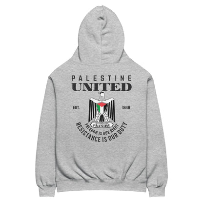 Palestine United Hoodie – Oversized fit with Palestinian coat of arms and resistance message in bold typography.