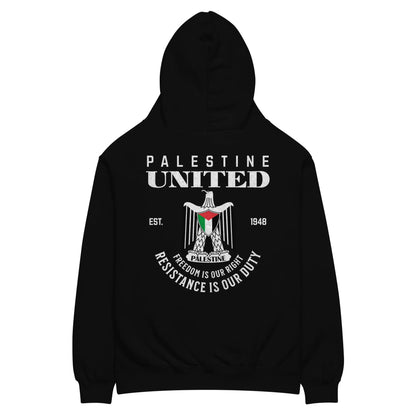 Palestine United Hoodie – Oversized fit with Palestinian coat of arms and resistance message in bold typography.