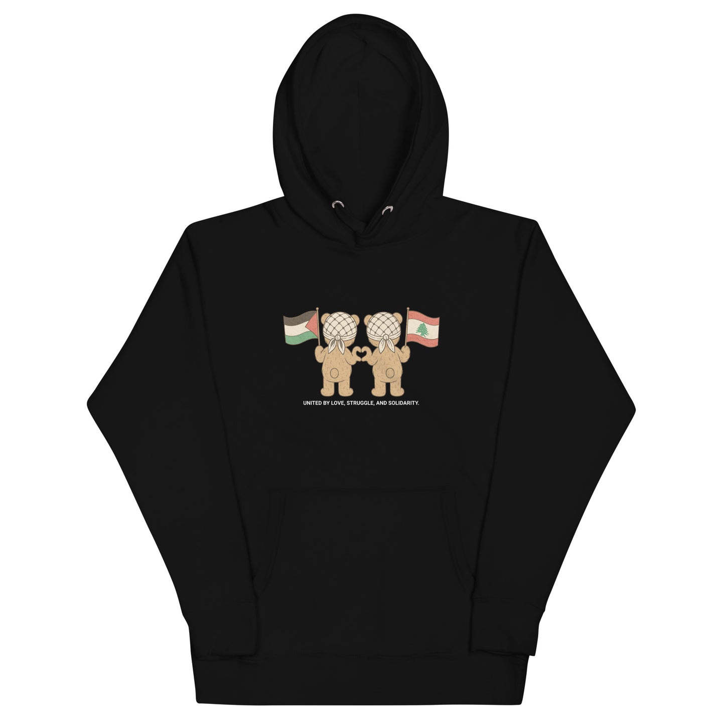Black hoodie featuring two teddy bears wearing keffiyehs, holding Palestinian and Lebanese flags. Text below reads "United by Love, Struggle, and Solidarity."