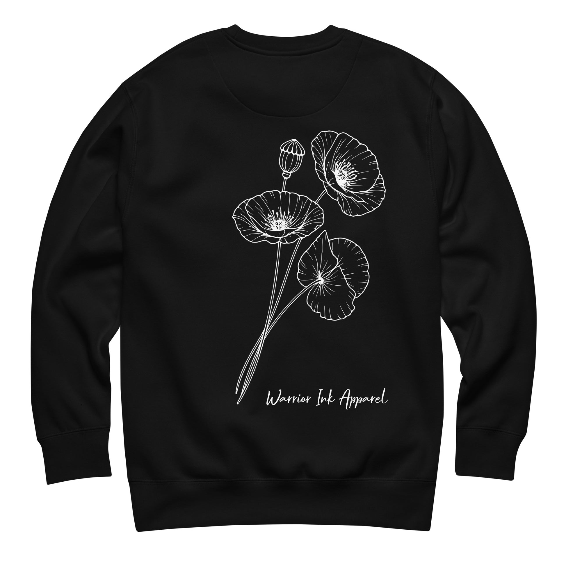 Back view of RED POPPY OF PALESTINE crewneck sweatshirt with large symbolic artwork