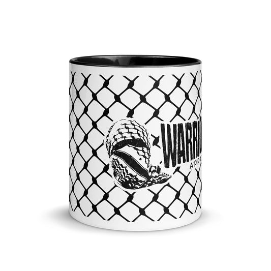 Keffiyeh ceramic mug with red interior and handle by Warrior Ink Apparel