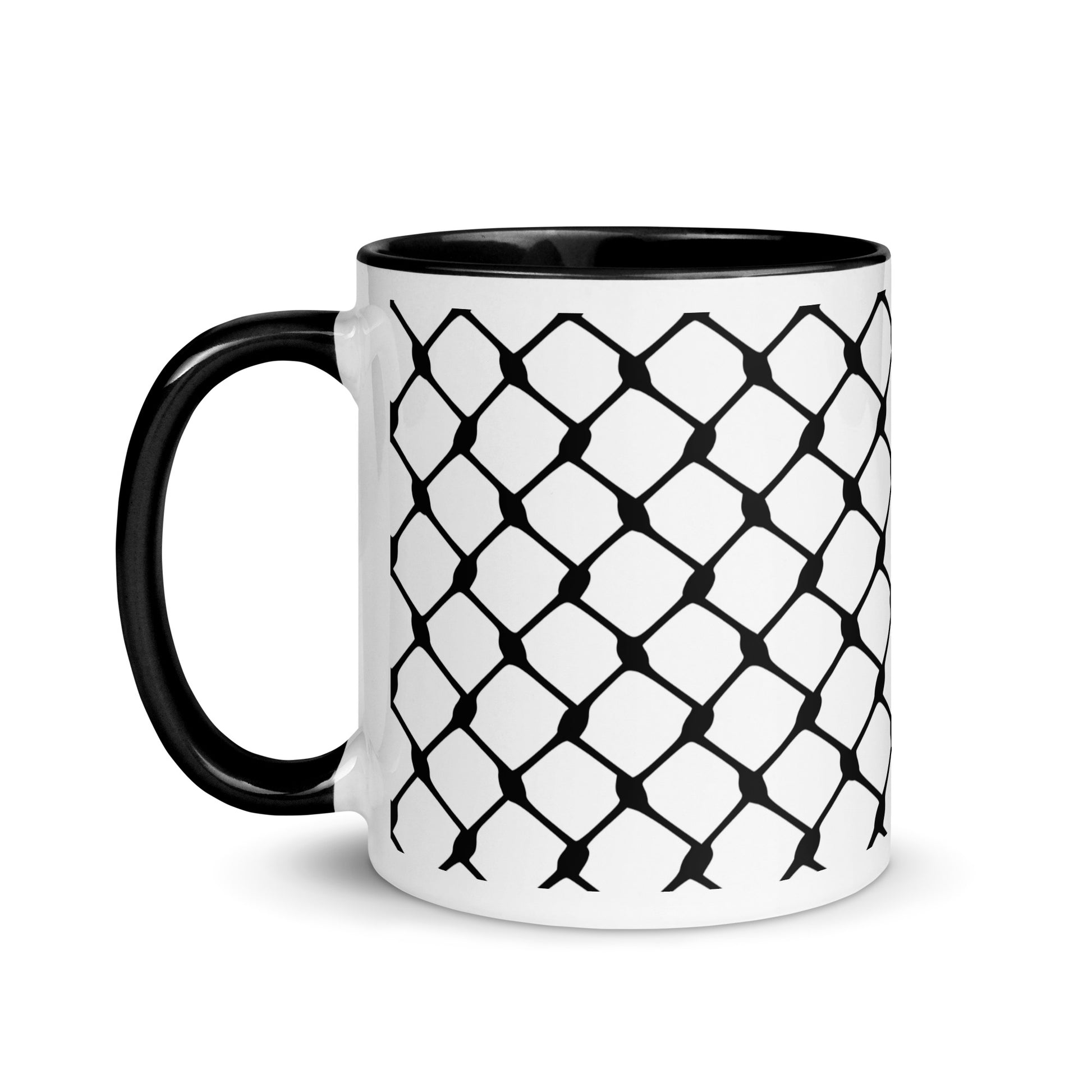 Black keffiyeh ceramic coffee mug by Warrior Ink Apparel