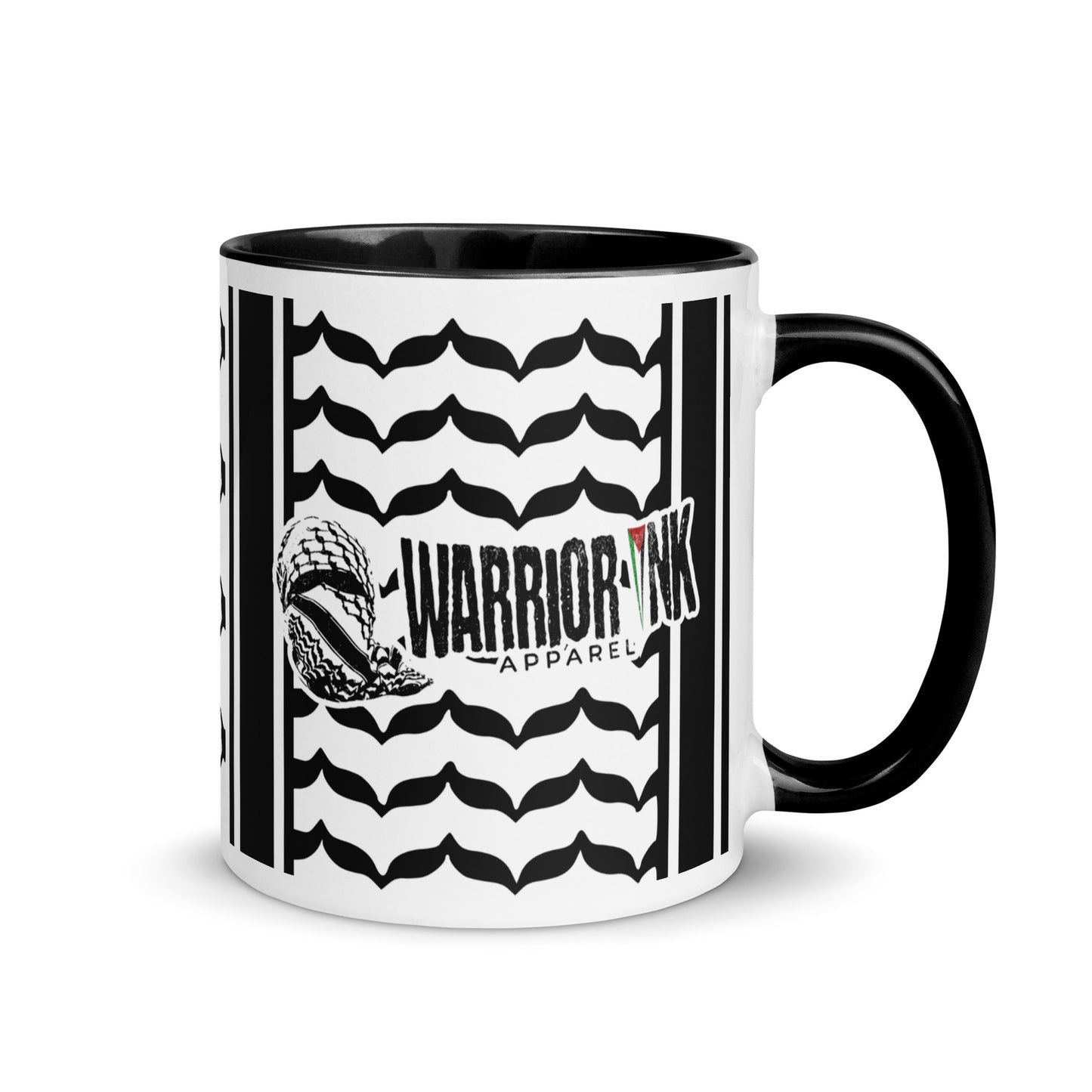 Black keffiyeh ceramic coffee mug by Warrior Ink Apparel