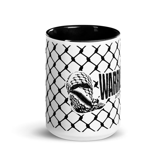 Keffiyeh ceramic mug with red interior and handle by Warrior Ink Apparel