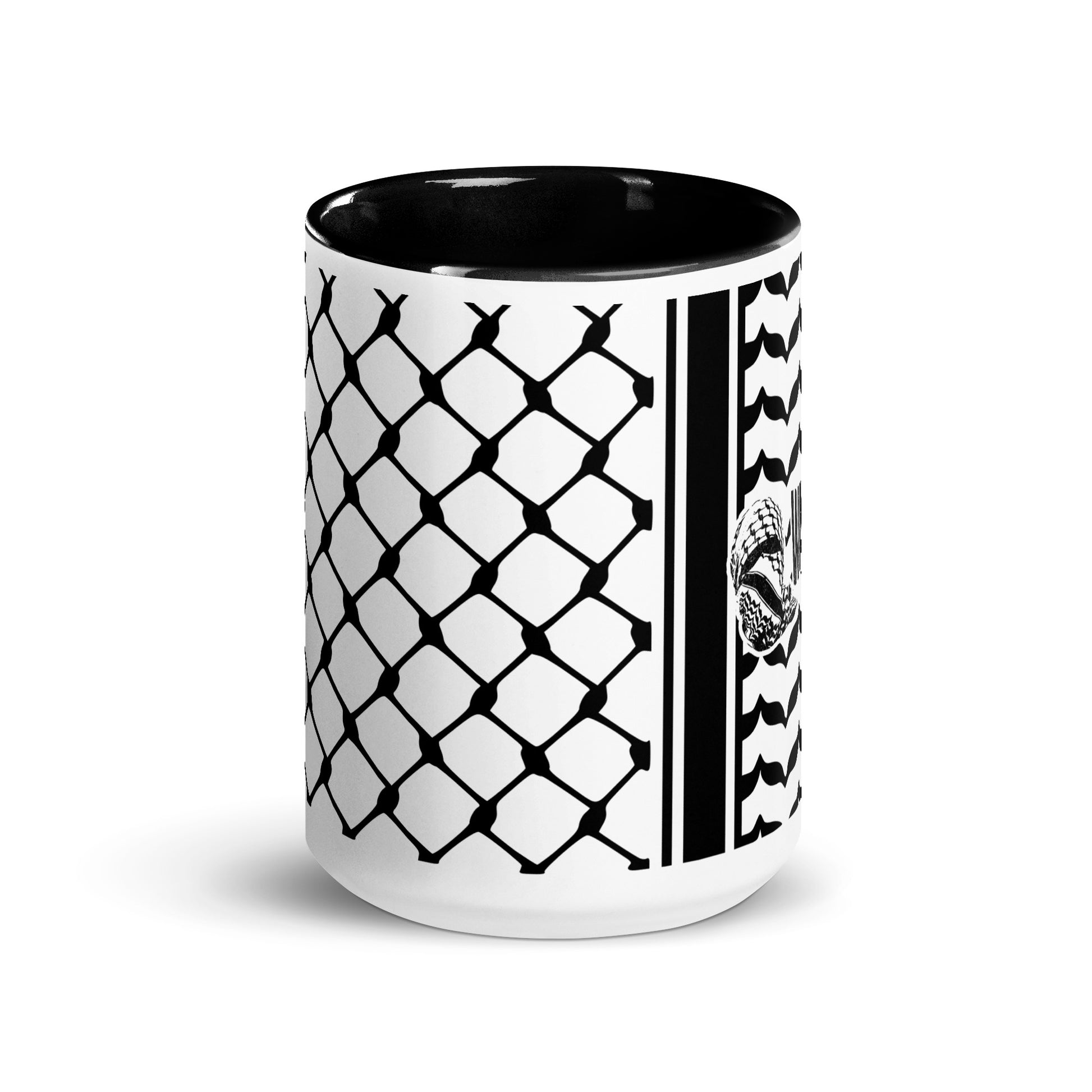 Black keffiyeh ceramic coffee mug by Warrior Ink Apparel