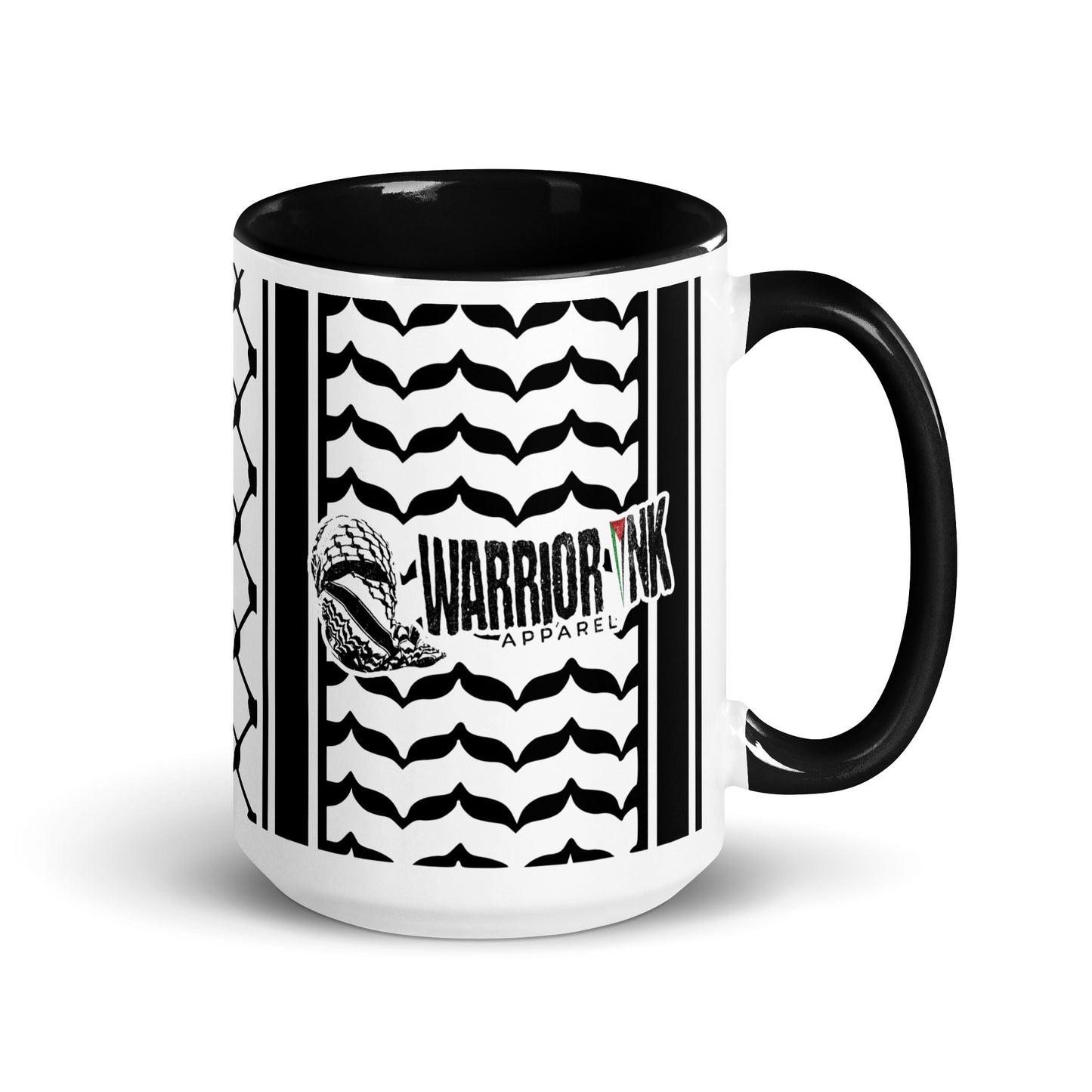 Black keffiyeh ceramic coffee mug by Warrior Ink Apparel