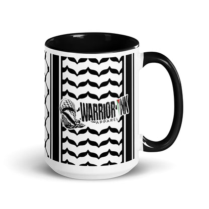 Black keffiyeh ceramic coffee mug by Warrior Ink Apparel