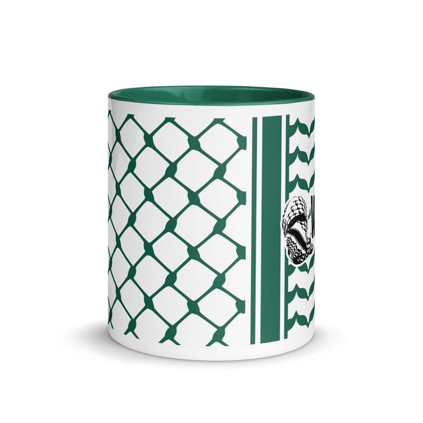 Green keffiyeh ceramic coffee mug by Warrior Ink Apparel