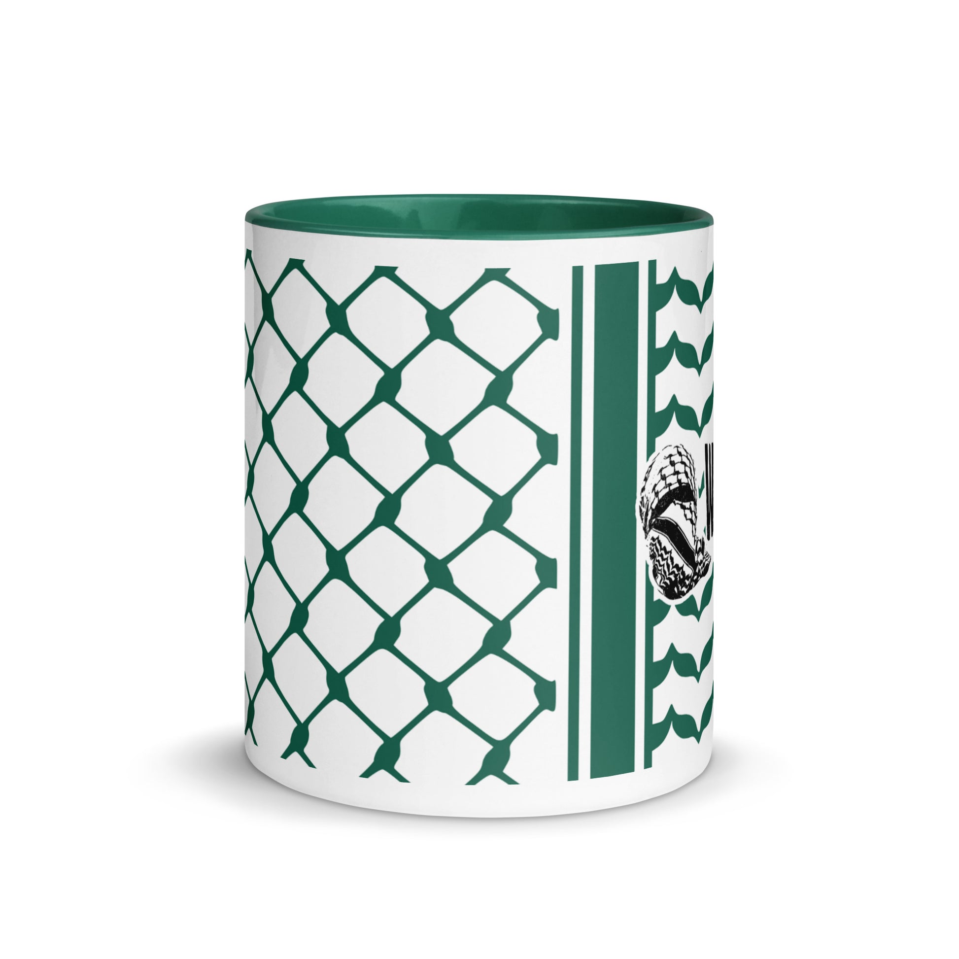 Green keffiyeh ceramic coffee mug by Warrior Ink Apparel