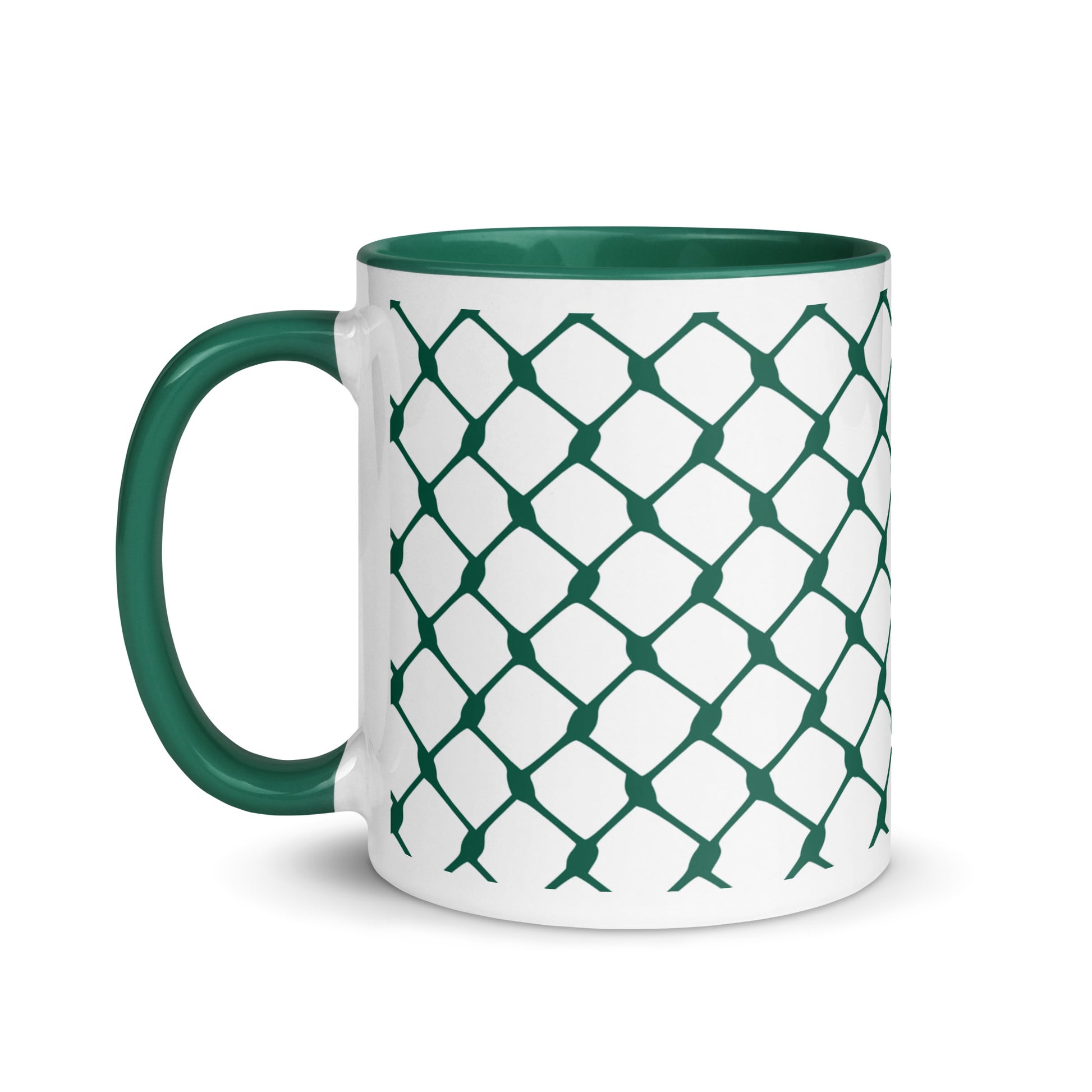 Green keffiyeh ceramic coffee mug by Warrior Ink Apparel