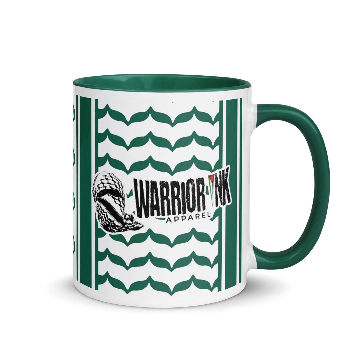 Green keffiyeh ceramic coffee mug by Warrior Ink Apparel