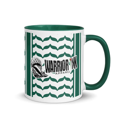 Green keffiyeh ceramic coffee mug by Warrior Ink Apparel