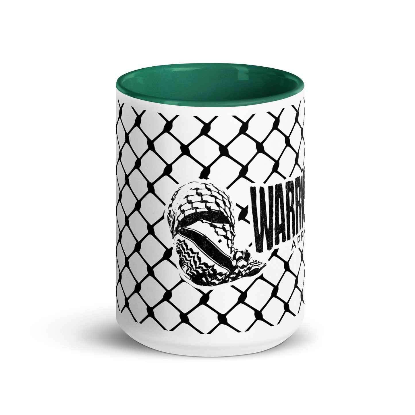 Keffiyeh ceramic mug with red interior and handle by Warrior Ink Apparel