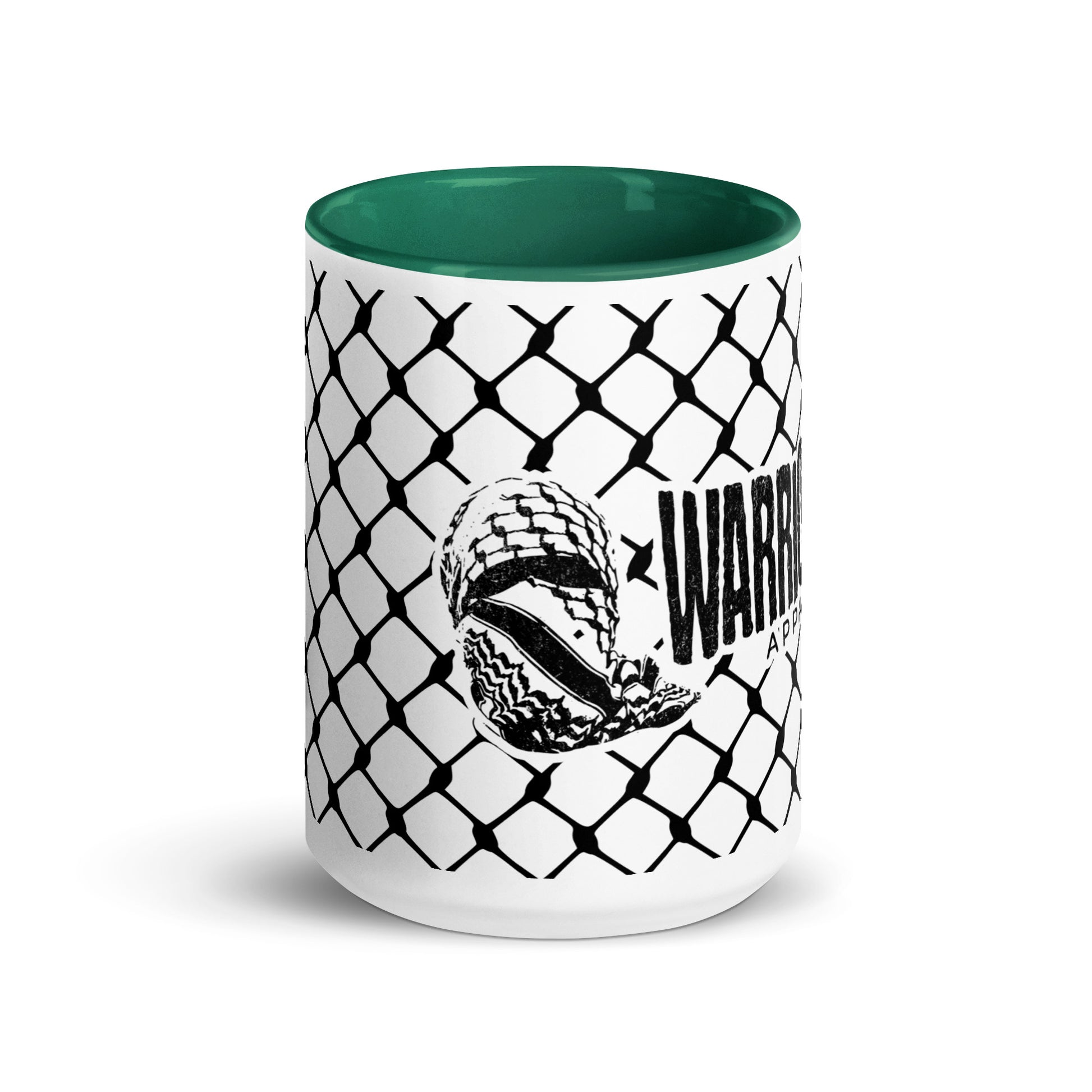 Keffiyeh ceramic mug with red interior and handle by Warrior Ink Apparel