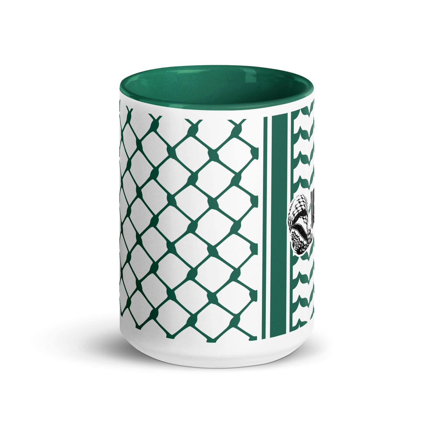 Green keffiyeh ceramic coffee mug by Warrior Ink Apparel