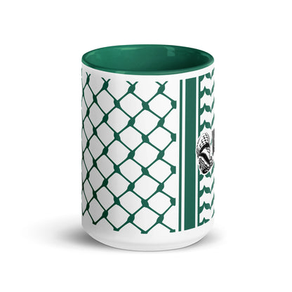 Green keffiyeh ceramic coffee mug by Warrior Ink Apparel