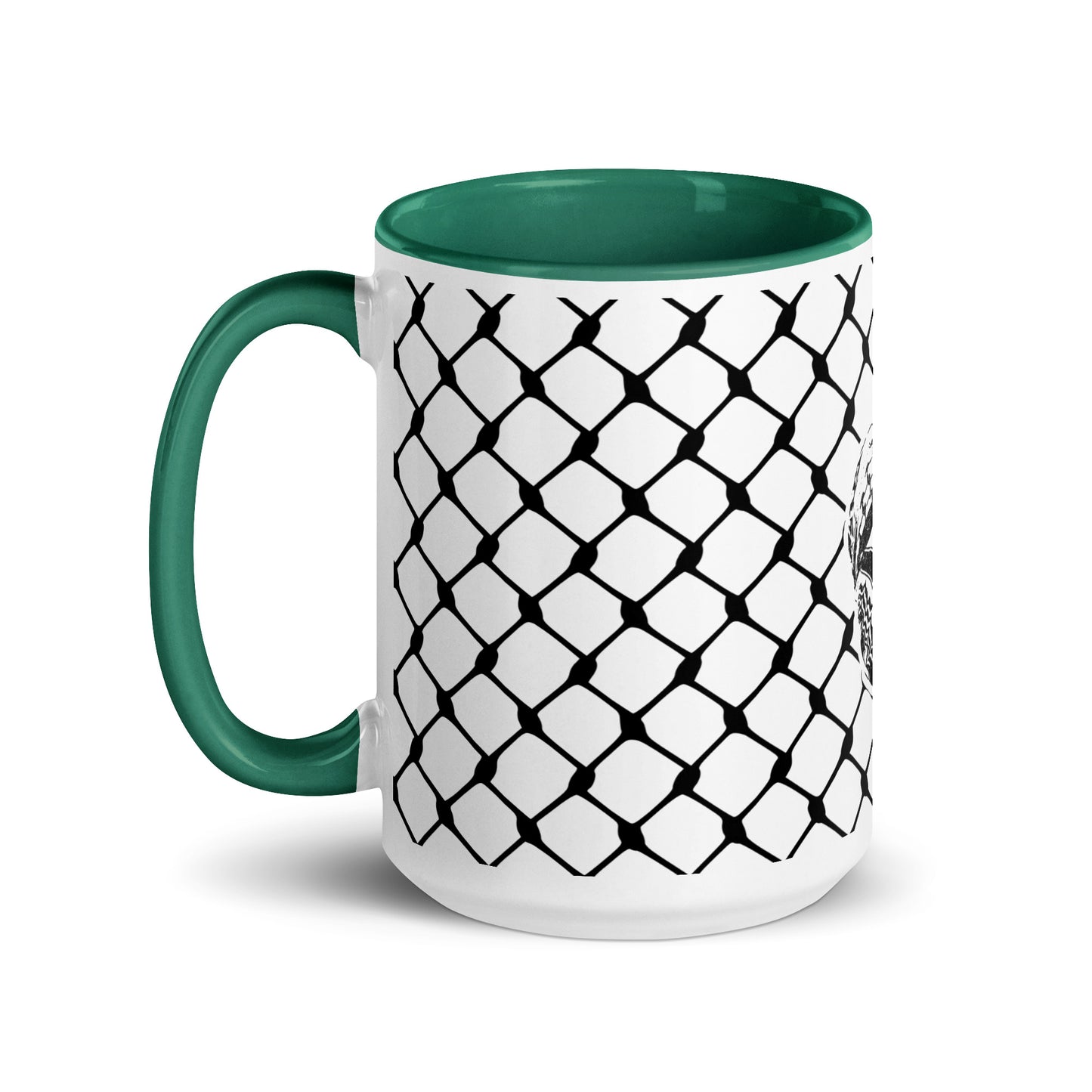 Keffiyeh ceramic mug with red interior and handle by Warrior Ink Apparel