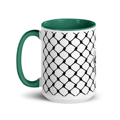Keffiyeh ceramic mug with red interior and handle by Warrior Ink Apparel