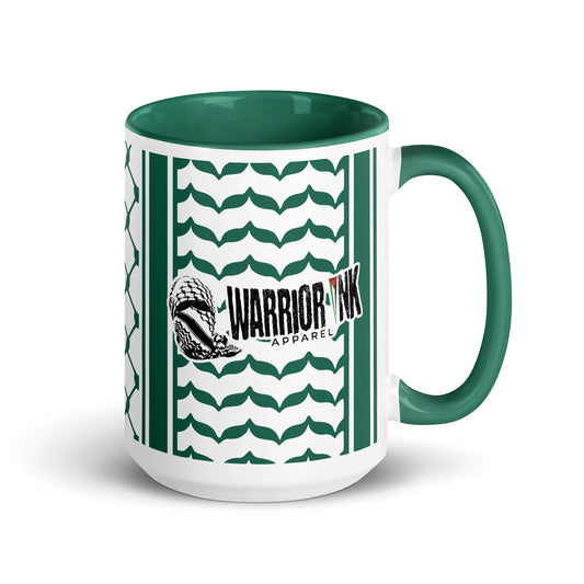 Green keffiyeh ceramic coffee mug by Warrior Ink Apparel