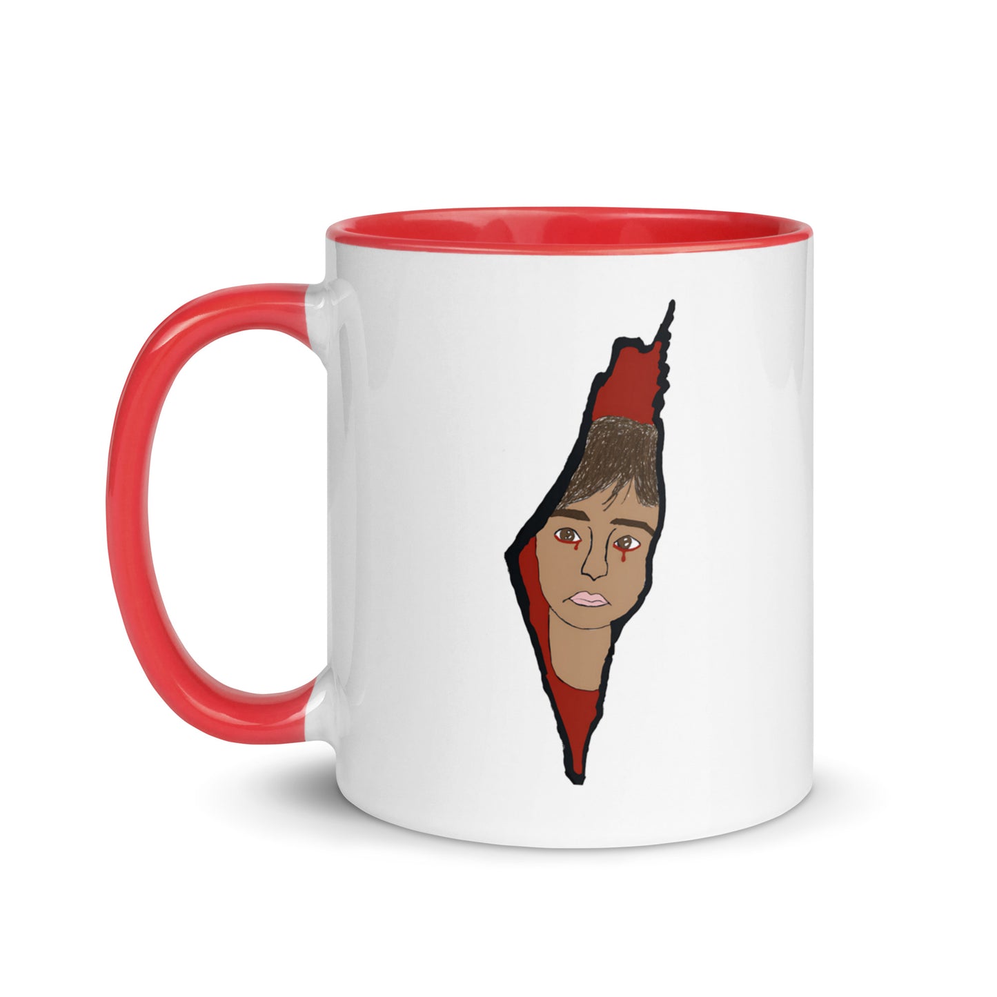 Saja’s Palestine Art Mug with red interior and handle, featuring hand-drawn Palestine outline with a face