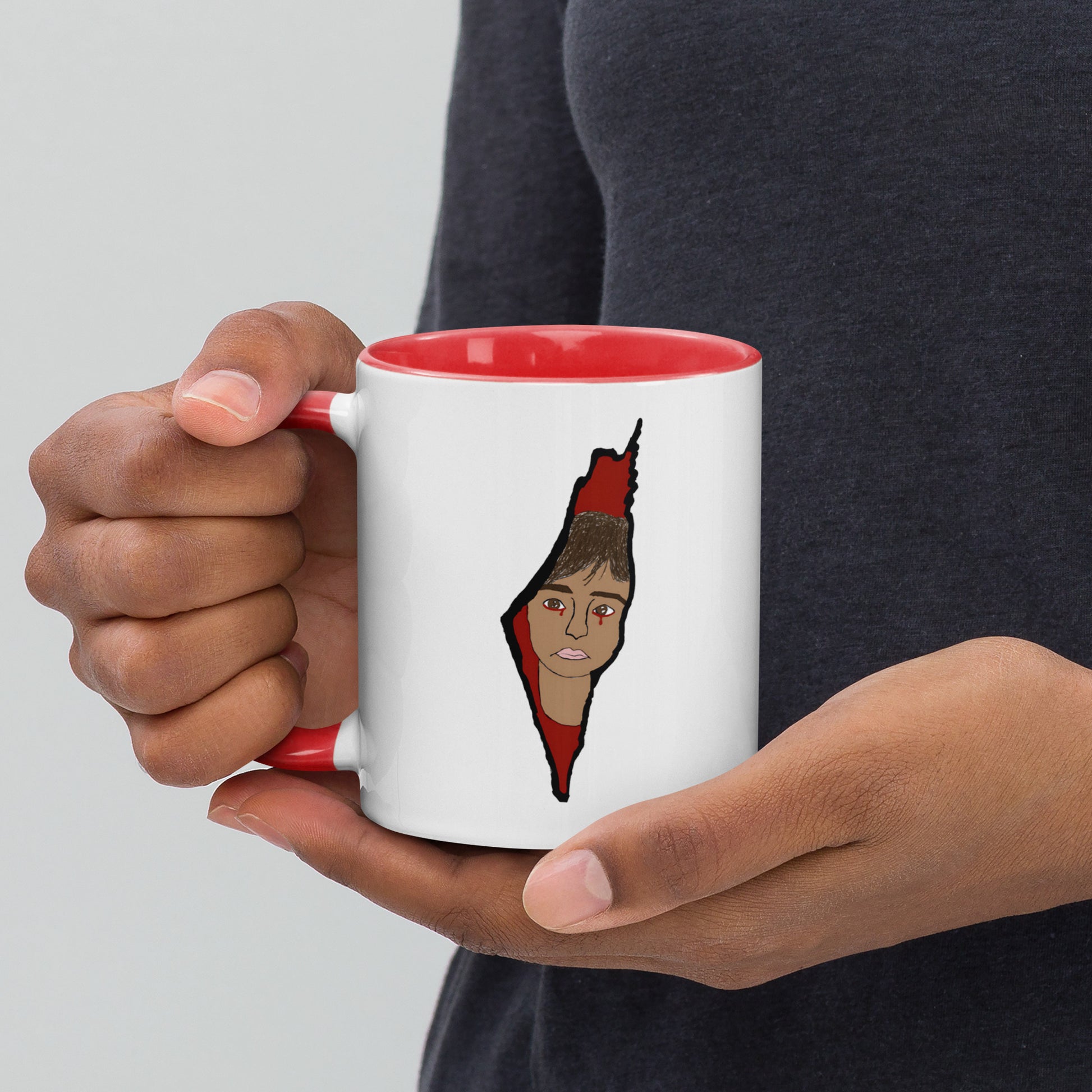 Saja’s Palestine Art Mug with red interior and handle, featuring hand-drawn Palestine outline with a face
