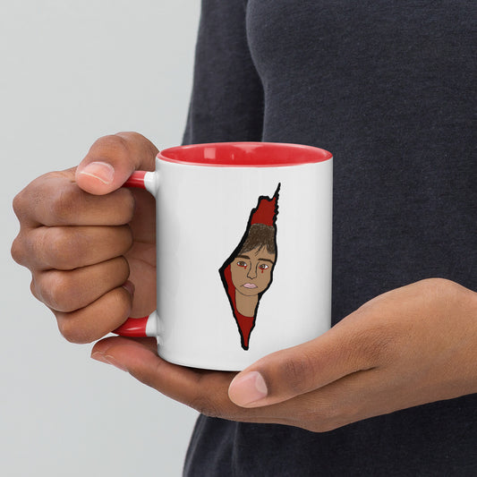 Saja’s Palestine Art Mug with red interior and handle, featuring hand-drawn Palestine outline with a face