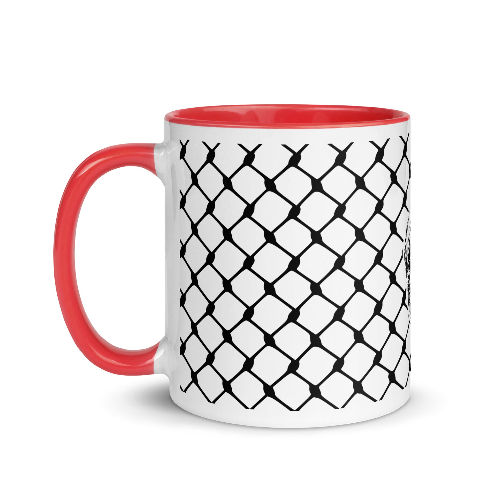 Keffiyeh ceramic mug with red interior and handle by Warrior Ink Apparel