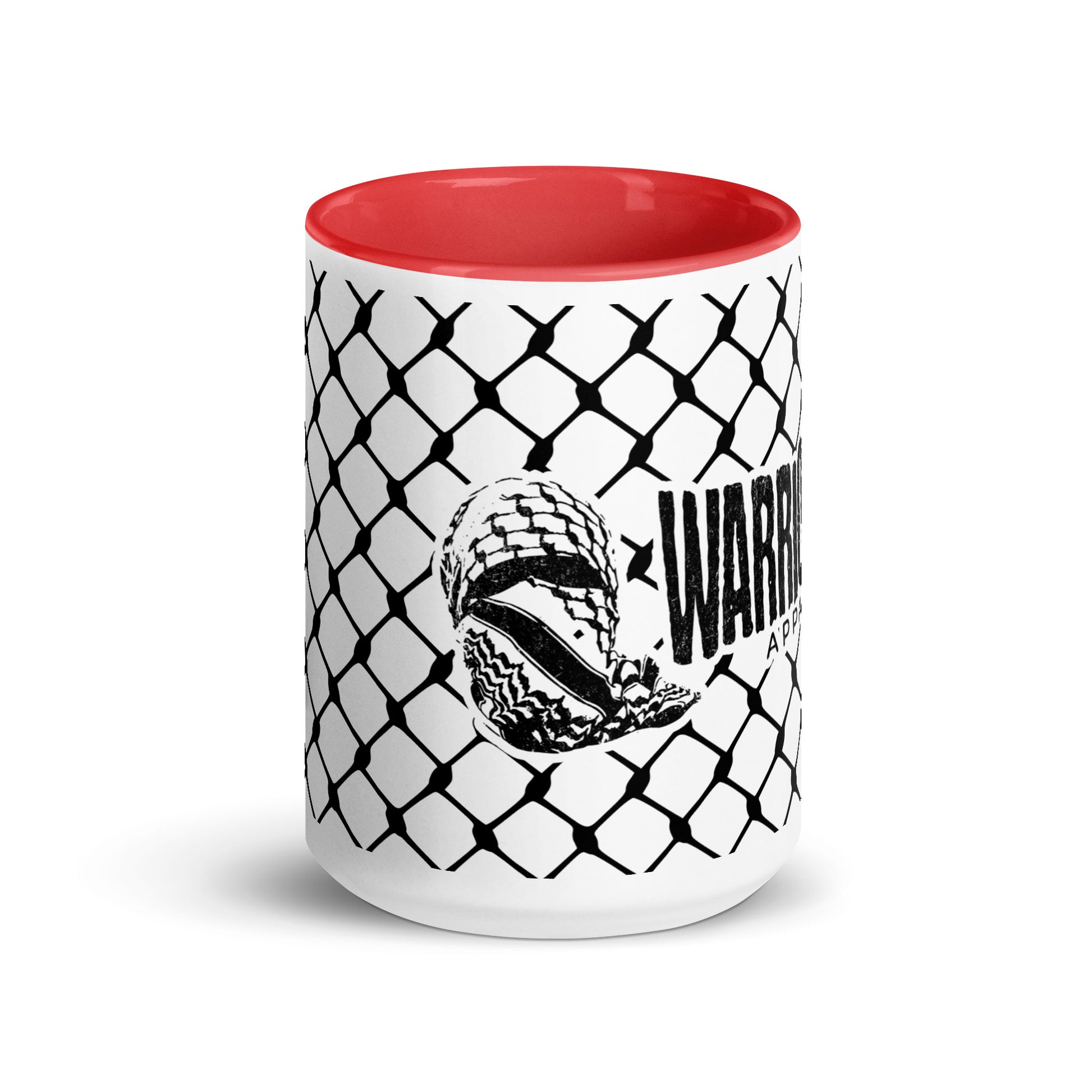 Keffiyeh ceramic mug with red interior and handle by Warrior Ink Apparel