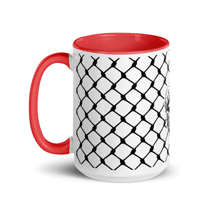 Keffiyeh ceramic mug with red interior and handle by Warrior Ink Apparel