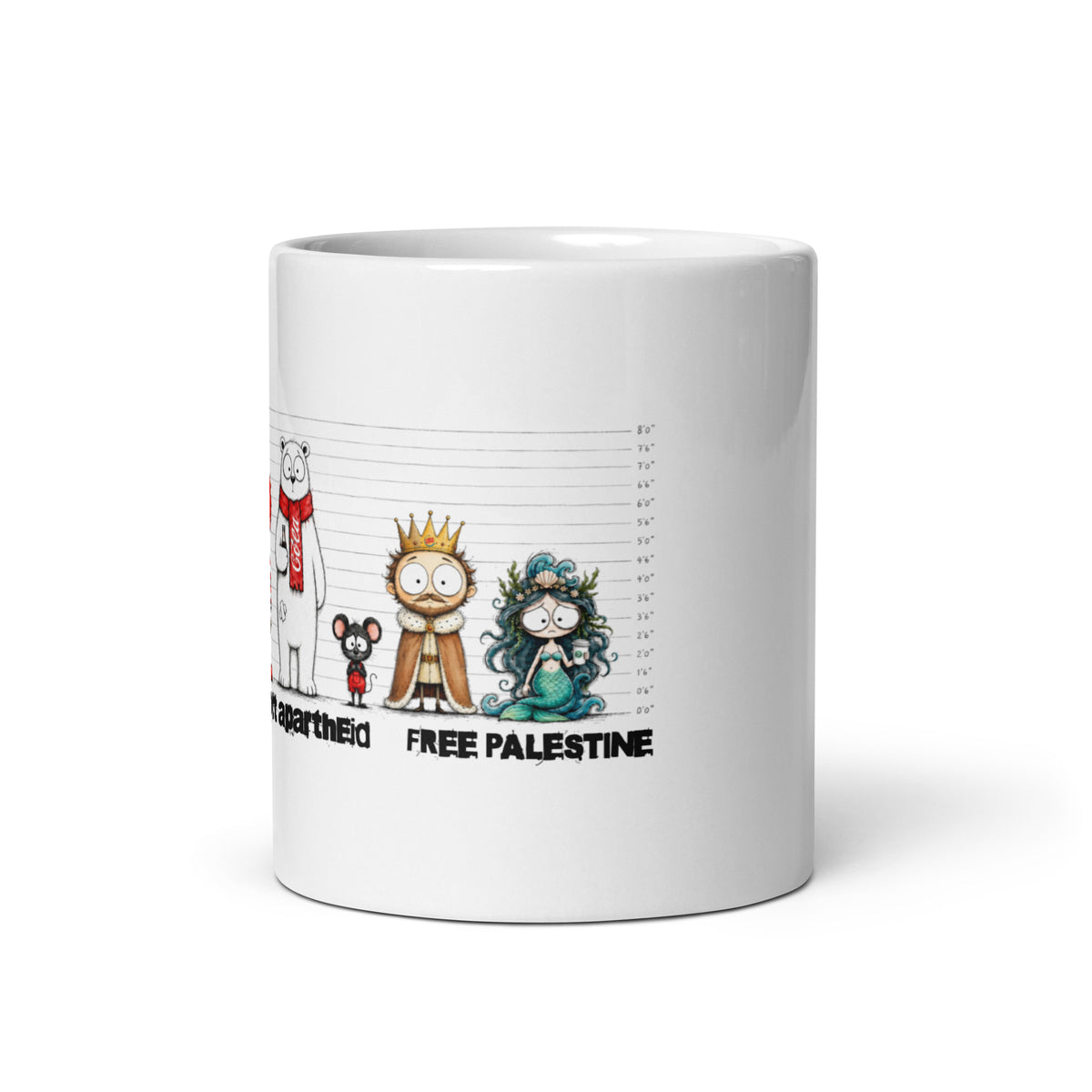 Palestinian protest coffee mug featuring satirical lineup illustration
