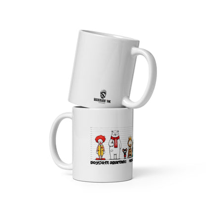 Palestinian protest coffee mug featuring satirical lineup illustration